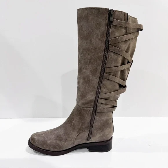 Journee Collection Carly Tall Riding Boots Strap Detail Taupe Wide Calf 6.5 NEW - Picture 7 of 16
